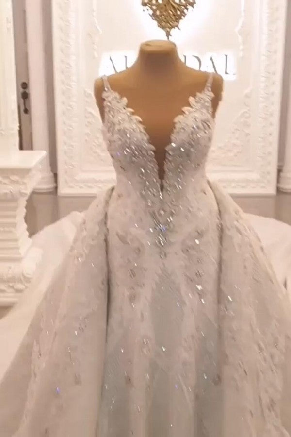 Spaghetti-Straps Sweetheart A-line Backless Wedding Dress With Appliques Lace BM bride