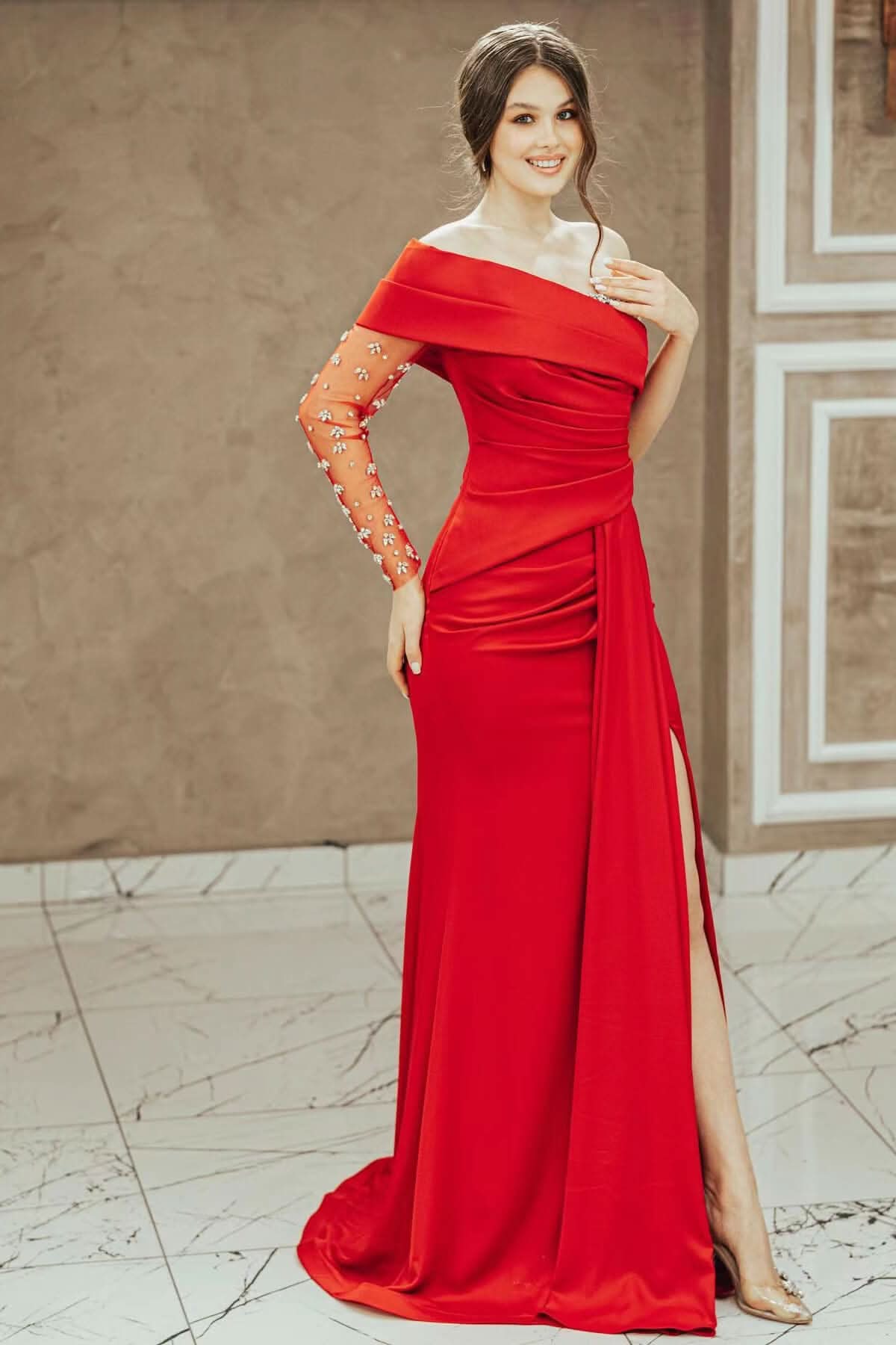 Red Long Sleeve One-Shoulder Mermaid Prom Dress with Split and Beading BM bride