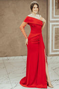 Red Beadings One Shoulder Pleated Prom Dress Split Mermaid With Long Sleeve