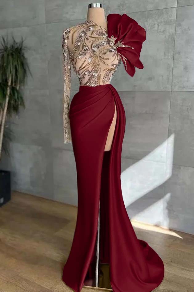 Long Sleeves Long Mermaid Prom Dress With High Split Appliques BMBRIDE