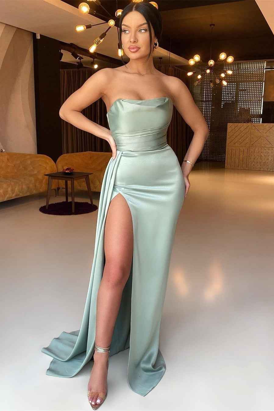 Dusty Sage Sleeveless Mermaid Strapless Prom Dress Elegant Split With Ruffles