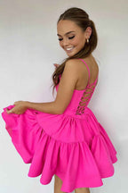 Red A Line Spaghetti Straps Short Satin Homecoming Dress Bmbride