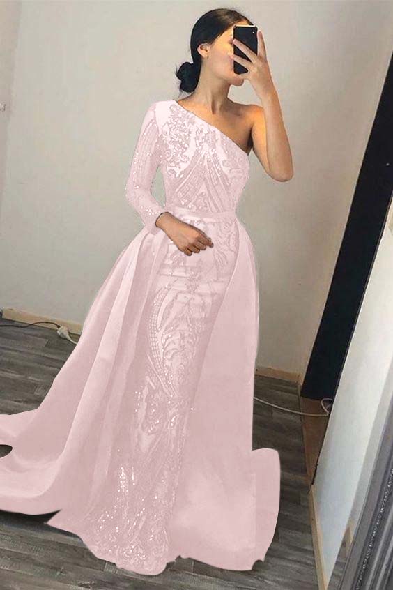 Dark Green Overskirt One Shoulder Long Sleeve Mermaid Prom Dress With Sequins BMBRIDE