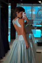 Jewel Neck Backless Sleeveless A Line Long Prom Dress With Pleated