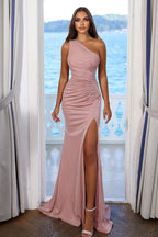 Charming Pink One-Shoulder Pleated Prom Dress with Split BM bride