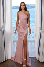 Simple Pink One Shoulder Sleeveless Pleated Prom Dress With Split