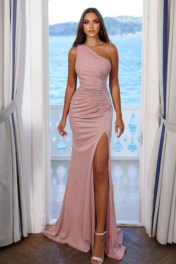 Simple Pink One Shoulder Sleeveless Pleated Prom Dress With Split