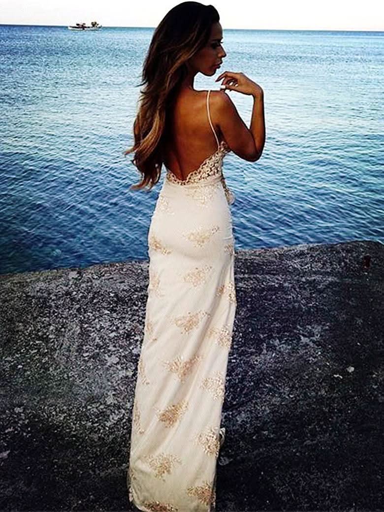 Lace Spaghetti-Strap Prom Dress with Women Evening Dress and Slit BM bride