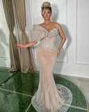Luxurious Champagne Long Mermaid Evening Dress with Asymmetric Bead Embroidery BM bride
