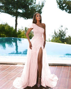Modern One Shoulder Mermaid Evening Dress with Cap Sleeve, Beadings, Tulle, and Slit BM bride
