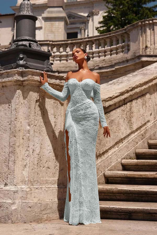 Off the Shoulder Long Sleeves Long Mermaid Prom Dress With Lace Appliques BMBRIDE