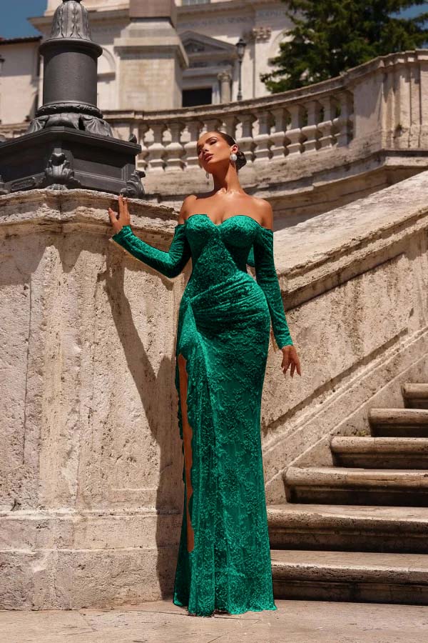 Off the Shoulder Long Sleeves Long Mermaid Prom Dress With Lace Appliques BMBRIDE
