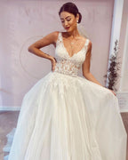 Elegant A-Line Deep V-Neck Backless Wedding Dress with Lace Appliques BM bride