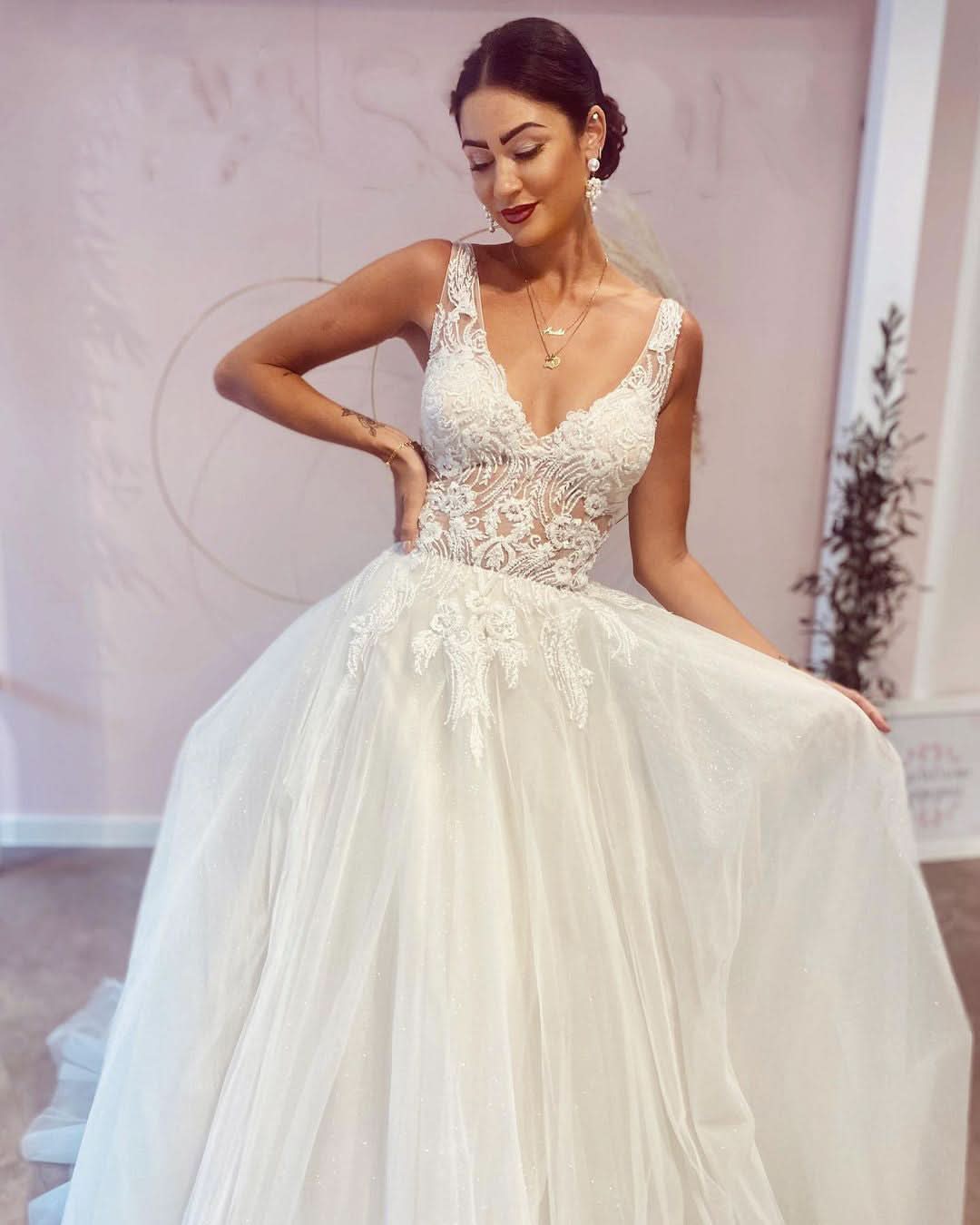 Elegant A-Line Deep V-Neck Backless Wedding Dress with Lace Appliques BM bride
