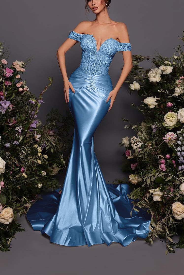 Off The Shoulder Sleeveless Long Mermaid Prom Dress With Pleated BMBRIDE