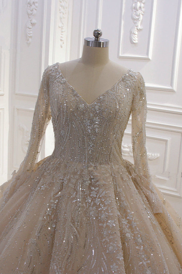 Long Sleeve V-Neck Ball Gown Wedding Dress with Sequins, Beading, and Ruffles BM bride