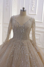 Long Sleeve V-Neck Ball Gown Wedding Dress with Sequins, Beading, and Ruffles BM bride