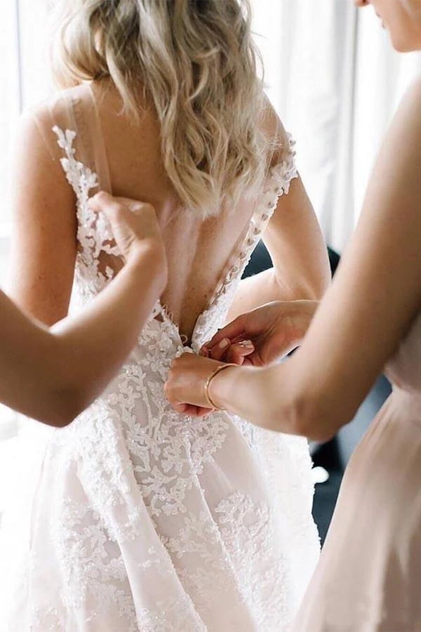 Strappy V-Neck A-Line Wedding Dress with Floral Beading BM bride