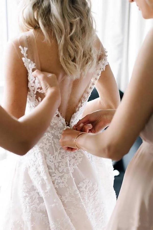 Strappy V-Neck A-Line Wedding Dress with Floral Beading BM bride