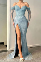 Blue Long Sleeves Off-The-Shoulder Sweetheart Sequins Mermaid Evening Dress with Split BM bride