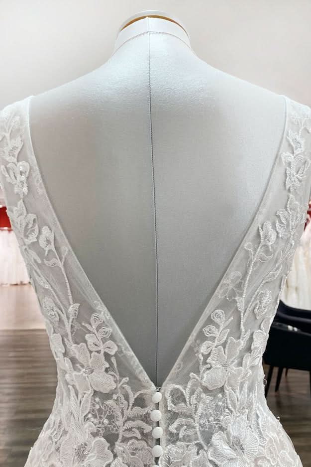 Deep V-Neck Sleeveless Long A-Line Wedding Dress with Open Back, Tulle, and Lace Appliques BM bride