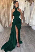 Dark Green High Neck Mermaid Evening Dress with Split Beadings and Ruffles BM bride