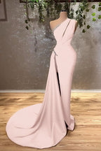 Ocean Blue One Shoulder Mermaid Evening Dress Long with Split BM bride