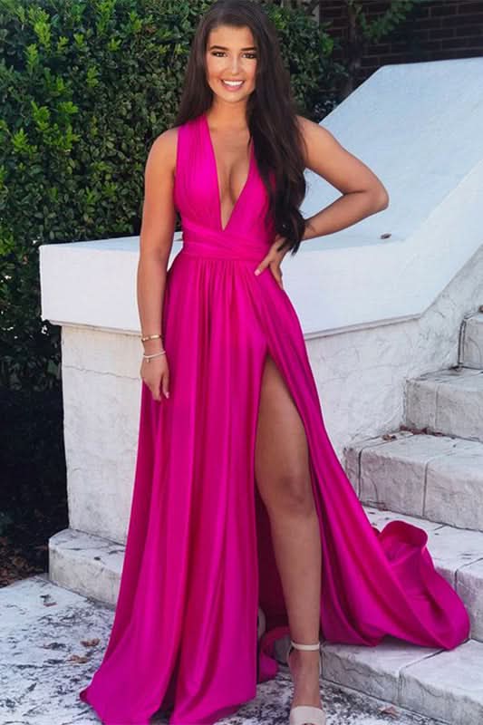 Fuchsia Sleeveless V-Neck A-Line Prom Dress with Split BM bride