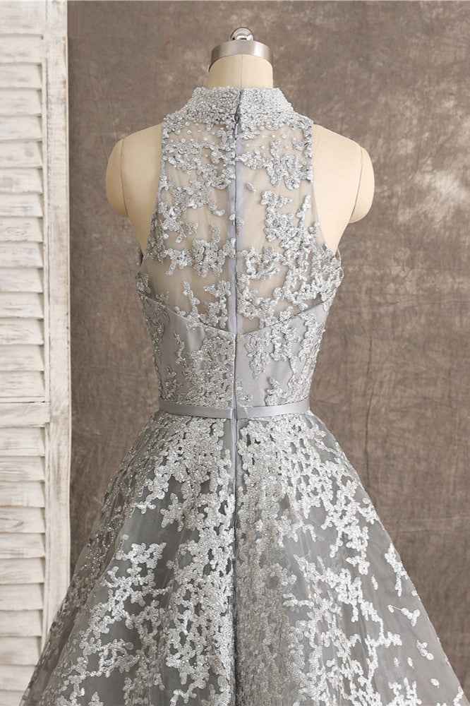 Silver High Neck Sleeveless Prom Dress Tulle Ruffles With Appliques