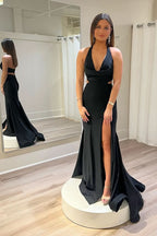 Elegant Black Halter Cutout Mermaid Long Prom Dress with Slit BM bride