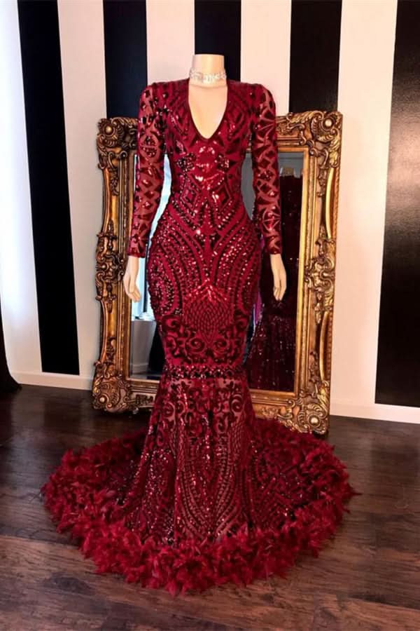 Burgundy V-Neck Long Sleeves Mermaid Prom Dress with Feather and Sequins BM bride