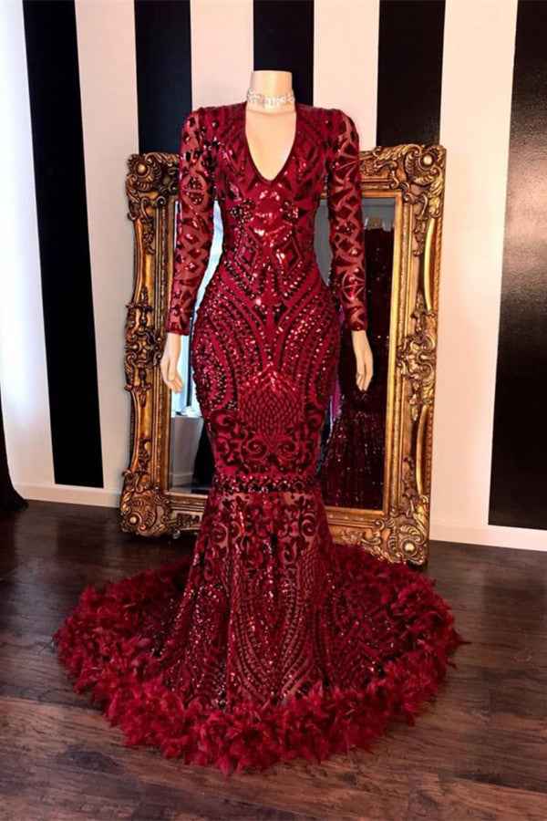 Long Sleeves Burgundy V Neck Long Mermaid Prom Dress Feather With Sequins