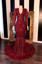 Charming Burgundy Mermaid Long Sleeves Long Prom Dress Sequins With Feather