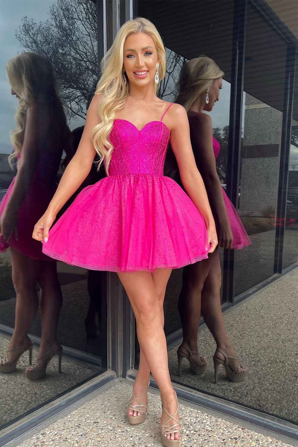 Sparkly Fuchsia Beaded Corset A-Line Short Tulle Homecoming Dress Bmbride