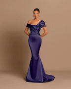 Grey Off-The-Shoulder Bateau Pleated Ball Gown Evening Dress BM bride