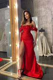 Red Off-the-Shoulder Prom Dress with Slit Ruffles BM bride