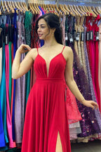 Long Spaghetti Straps Sleeveless Red A Line Prom Dress With Front Split