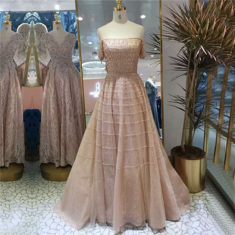 Sequined Off-Shoulder Prom Dress with Long Sleeve Pleated A-Line Design BM bride