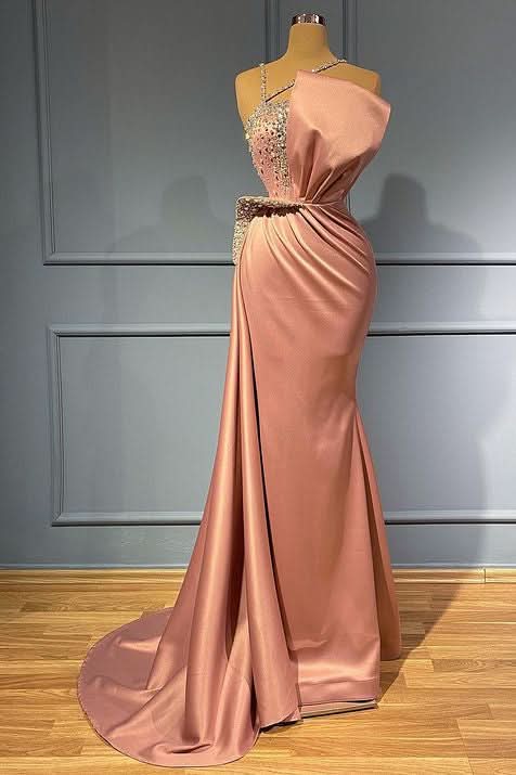Pink Sleeveless Spaghetti-Strap Beaded Mermaid Prom Dress with Ruffles BM bride