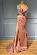 Pink Sleeveless Spaghetti-Strap Beaded Mermaid Prom Dress with Ruffles BM bride