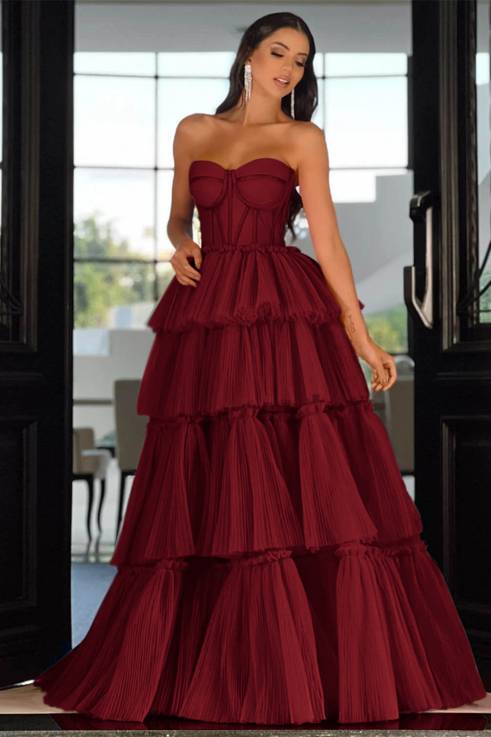 Elegant Sweetheart Strapless Prom Dress Long Sleeveless Layers Hot Pink BMBRIDE