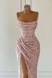 Elegant Strapless Mermaid Evening Dress with Sequins and Slit BM bride