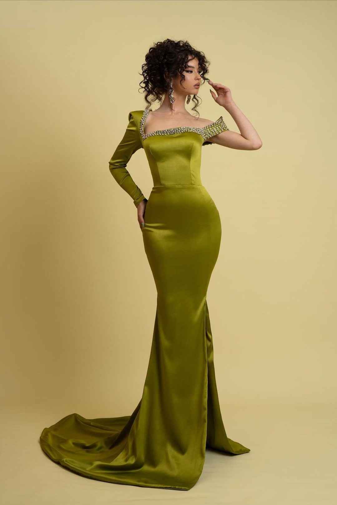 Sage Green Long Sleeve Prom Dress One Shoulder Mermaid With Split