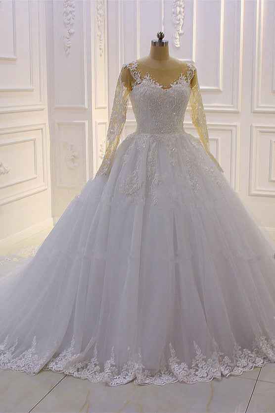 Bateau Long Sleeve Lace A-Line Wedding Dress with Pearls and Tulle Appliques BM bride