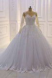 Bateau Long Sleeve Lace A-Line Wedding Dress with Pearls and Tulle Appliques BM bride