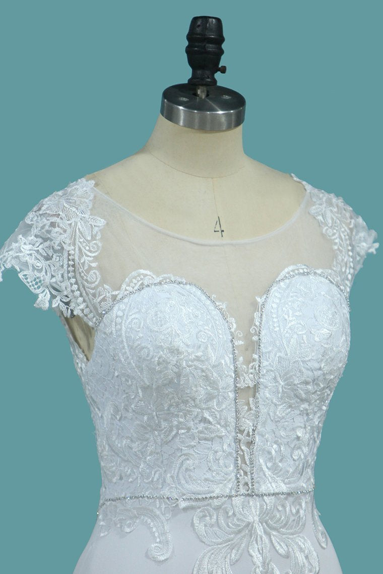 Bateau Neck Beaded Floor-Length Mermaid Wedding Dress with Lace Appliques BM bride