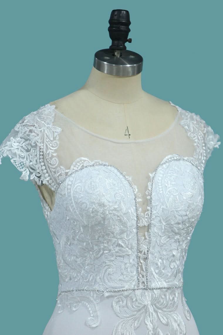Bateau Neck Beaded Floor-Length Mermaid Wedding Dress with Lace Appliques BM bride