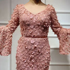 Dusty Rose Prom Dress, V-Neck Long Sleeve Mermaid with Applique BM bride