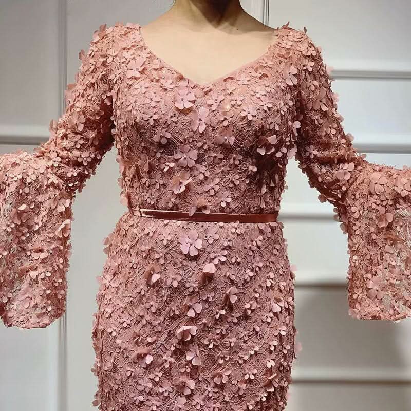 Dusty Rose Prom Dress, V-Neck Long Sleeve Mermaid with Applique BM bride