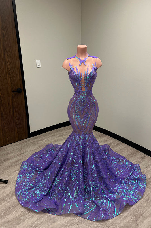 Laser Light Crew Neck Mermaid Prom Dress Sleeveless With Appliques